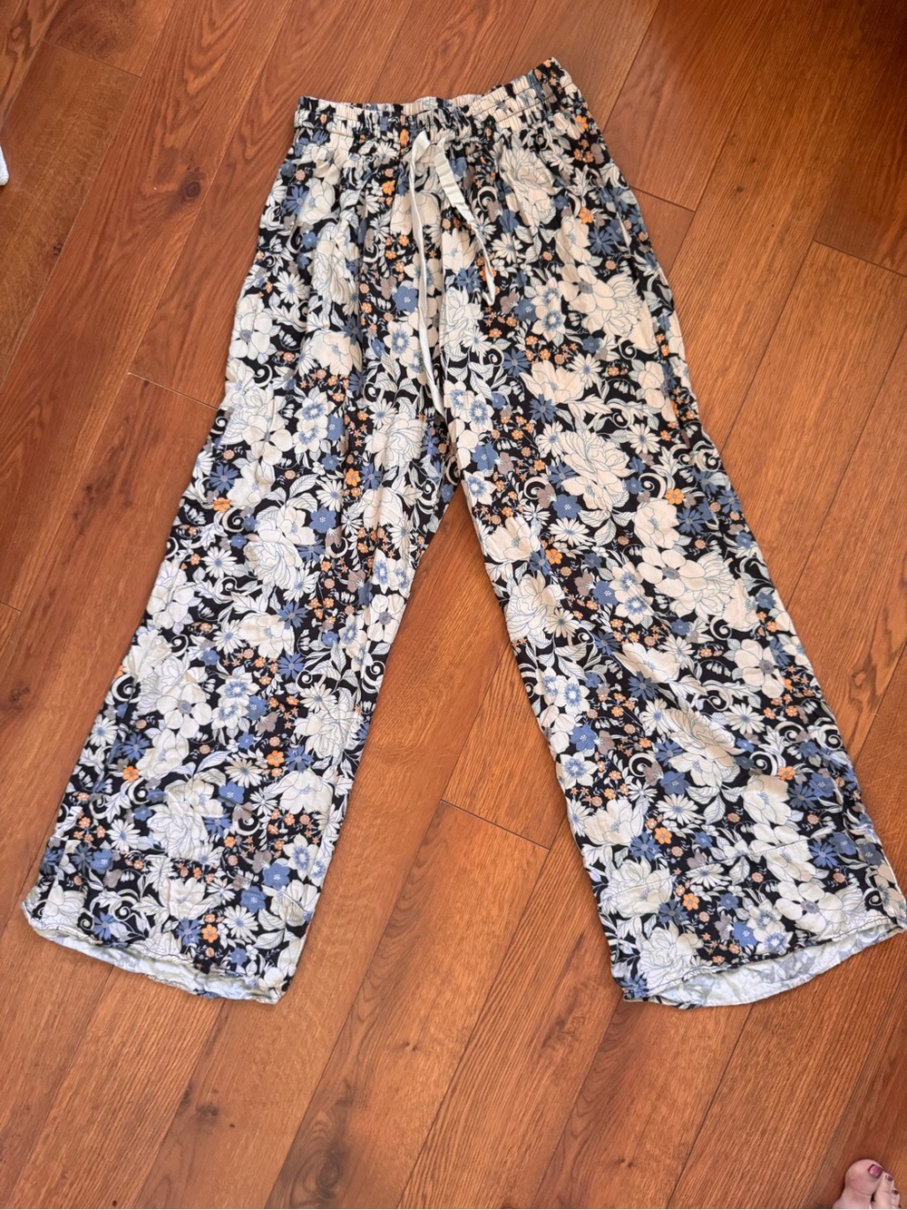 Maaji Floral Wide-Leg Drawstring Pants in Blue, Cream & Black